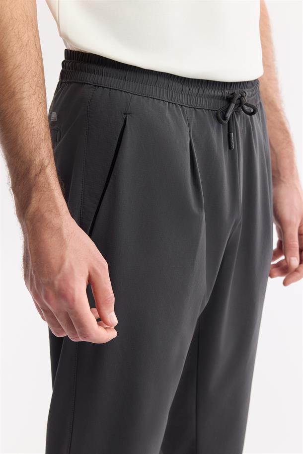 Antrasit Beli Lastikli Bağcıklı Pileli Pantolon