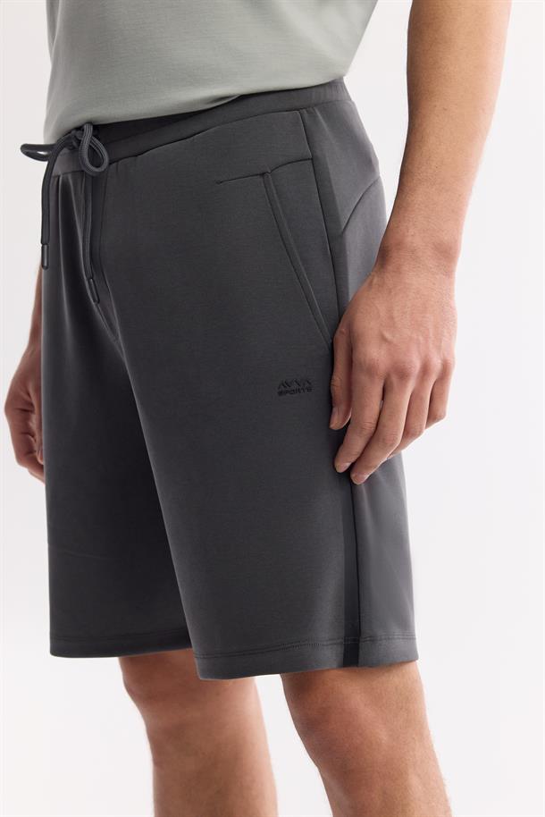 Antrasit Beli Lastikli Bağcıklı Soft Touch Örme Şort