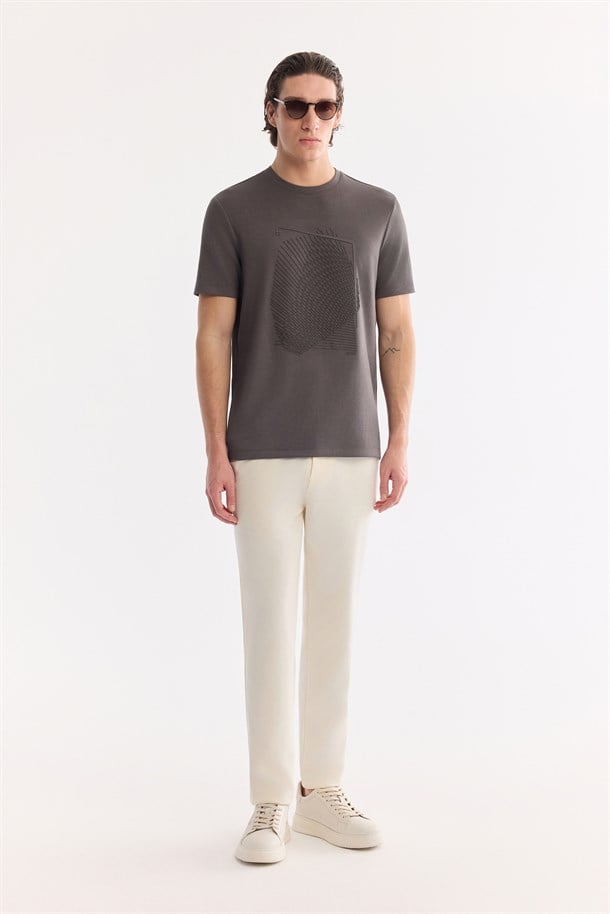 Antrasit Bisiklet Yaka Baskılı Bi-Stretch İnterlok T-Shirt