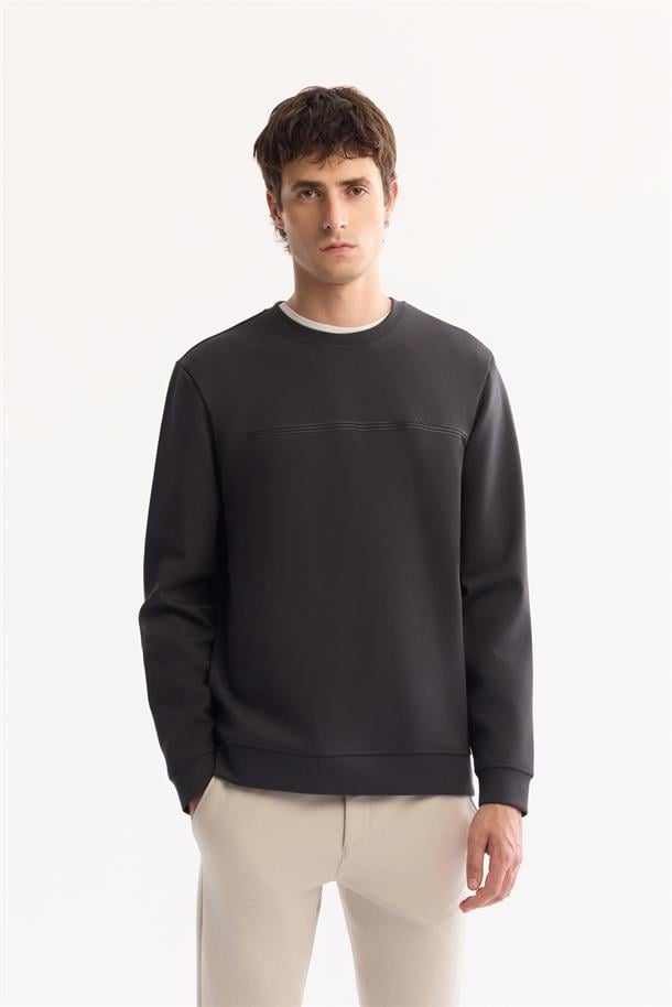 Antrasit Bisiklet Yaka Kolay Ütülenen Bi-Stretch Baskılı Sweatshirt