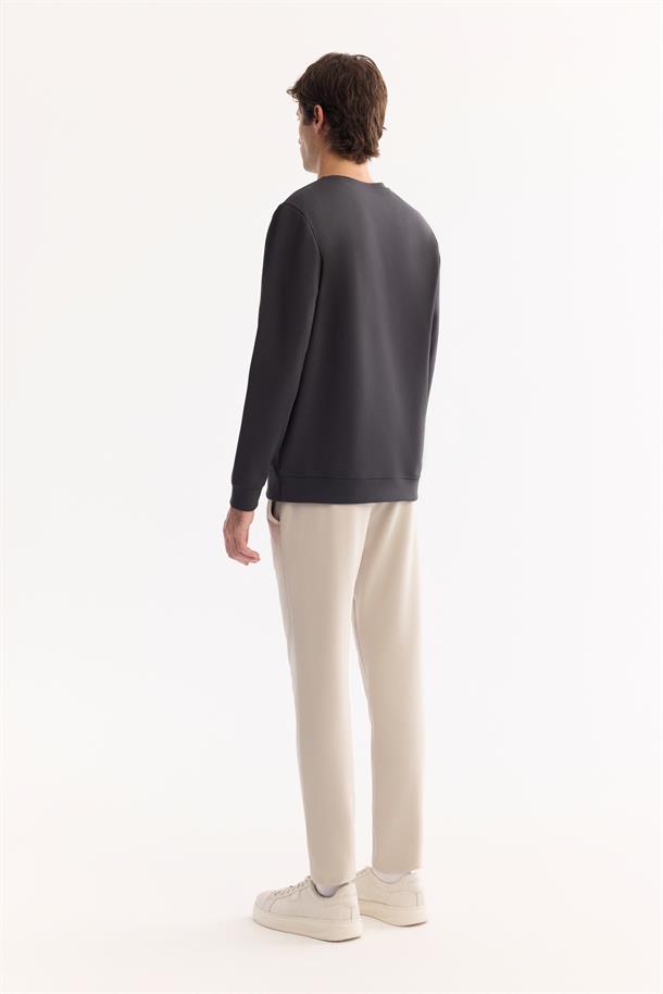 Antrasit Bisiklet Yaka Kolay Ütülenen Bi-Stretch Baskılı Sweatshirt