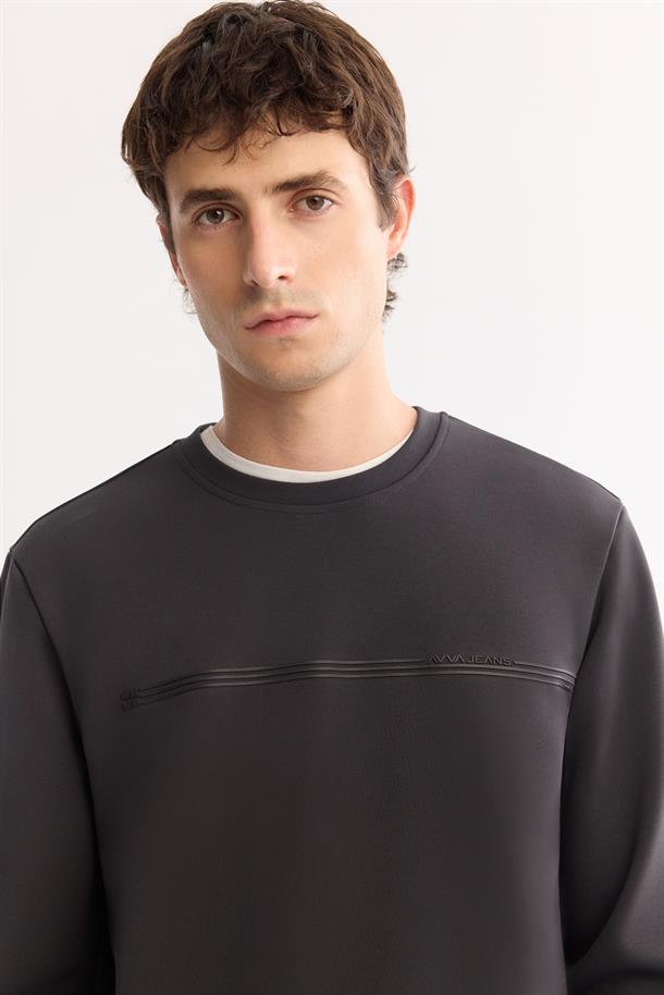 Antrasit Bisiklet Yaka Kolay Ütülenen Bi-Stretch Baskılı Sweatshirt