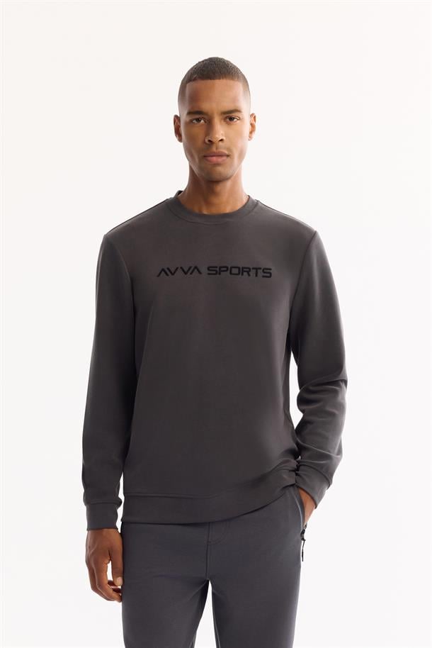 Antrasit Bisiklet Yaka Soft Touch Baskılı Sweatshirt