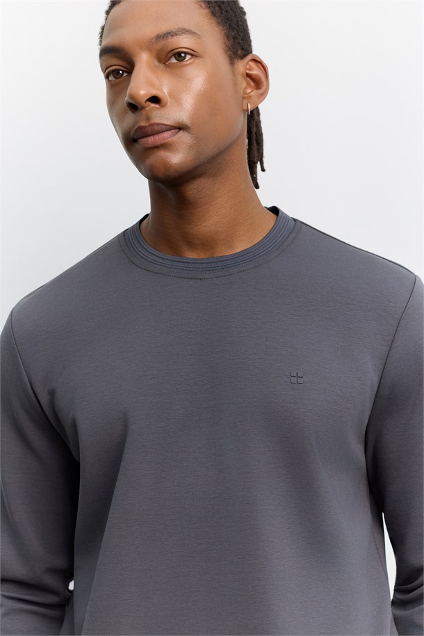 Antrasit Bisiklet Yaka Fitil Ribana İnterlok  Sweatshirt