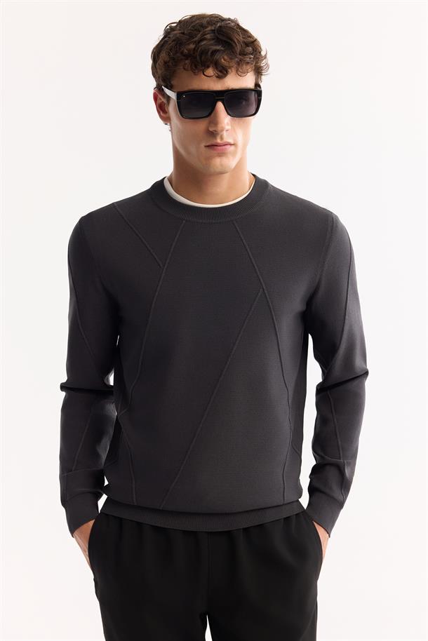 Antrasit Bisiklet Yaka Rayon Tüylenmeyen Dokulu Triko Kazak