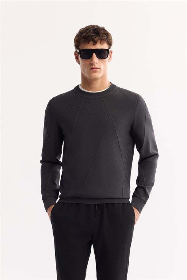 Antrasit Bisiklet Yaka Rayon Tüylenmeyen Dokulu Triko Kazak