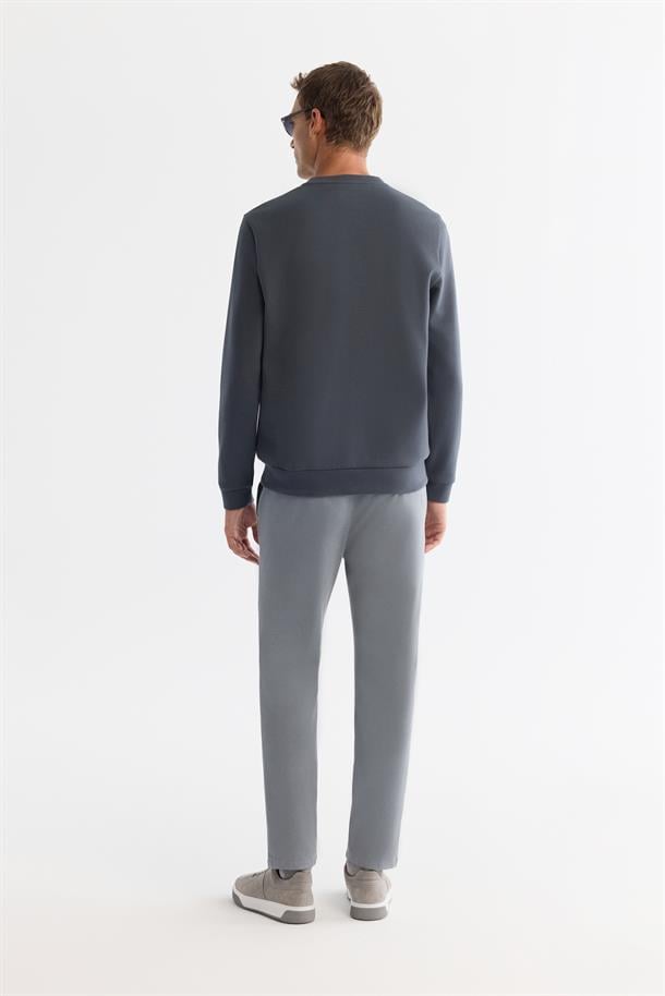 Antrasit Bisiklet Yaka Pamuklu Baskılı Elastan Sweatshirt