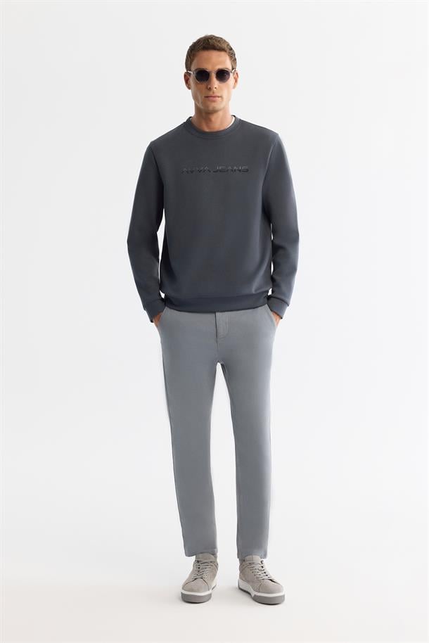 Antrasit Bisiklet Yaka Pamuklu Baskılı Elastan Sweatshirt