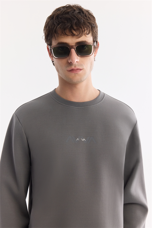 Antrasit Bisiklet Yaka Pamuklu Kolay Ütülenen Sweatshirt