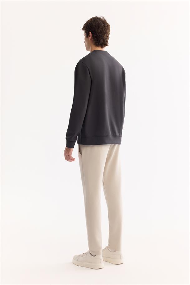 Antrasit Bisiklet Yaka Kolay Ütülenen Bi-Stretch Basic Sweatshirt