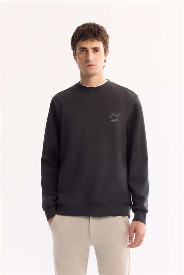 Antrasit Bisiklet Yaka Kolay Ütülenen Bi-Stretch Basic Sweatshirt