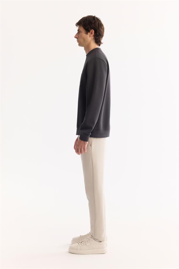 Antrasit Bisiklet Yaka Kolay Ütülenen Bi-Stretch Basic Sweatshirt