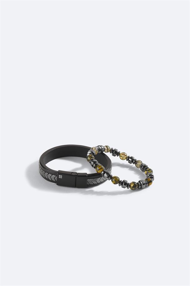 Antrasit Deri Hematit Taşlı 2li Bileklik