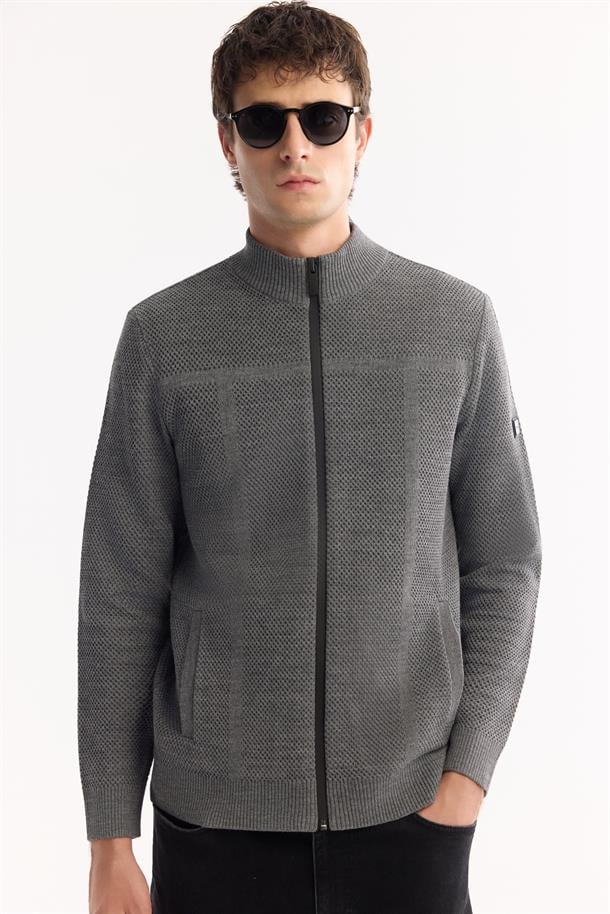 Antrasit Dik Yaka Fermuarlı Yün Karışımlı Dokulu Hırka