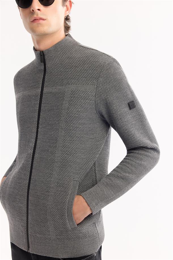 Antrasit Dik Yaka Fermuarlı Yün Karışımlı Dokulu Hırka