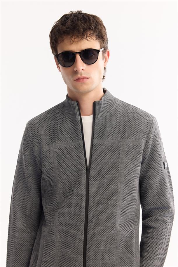 Antrasit Dik Yaka Fermuarlı Yün Karışımlı Dokulu Hırka