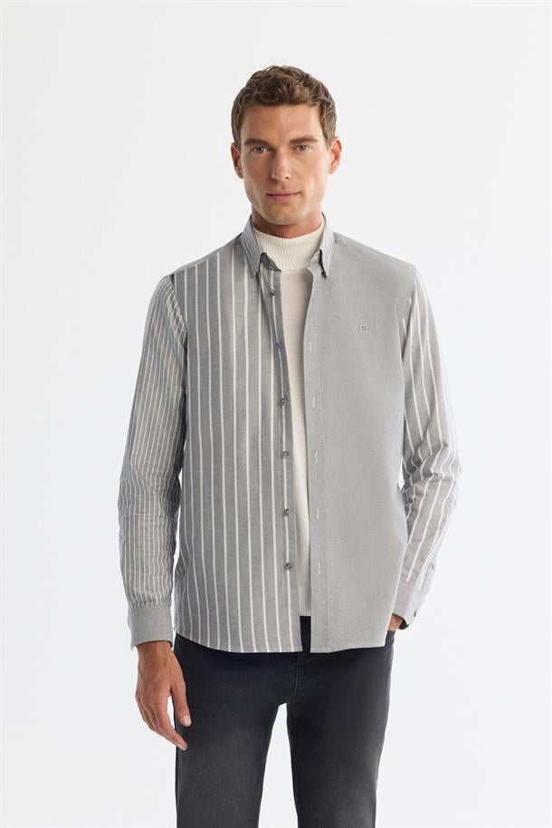 Antrasit Düğmeli Yaka %100 Pamuk Çizgili Gömlek