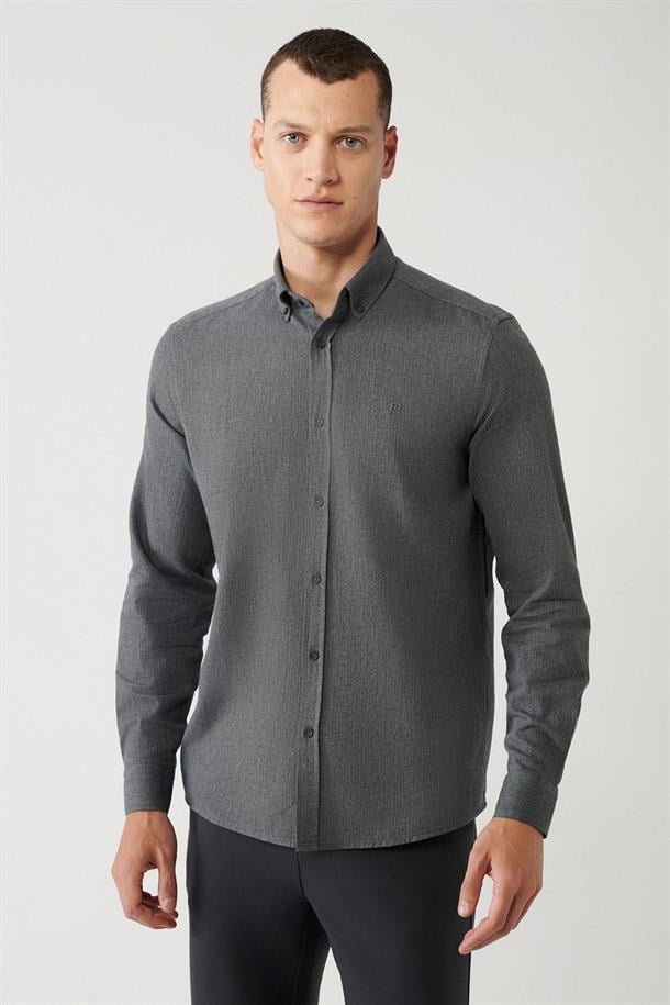 Antrasit Düğmeli Yaka %100 Pamuk Gömlek