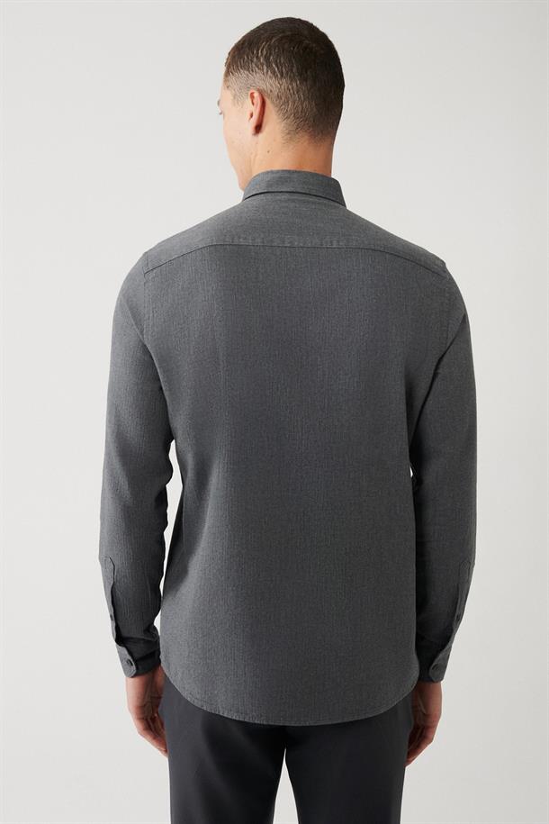 Antrasit Düğmeli Yaka %100 Pamuk Gömlek