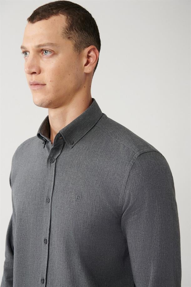 Antrasit Düğmeli Yaka %100 Pamuk Gömlek