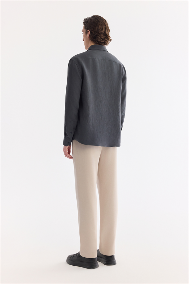 Antrasit Düğmeli Yaka Soft Touch Çizgili Gömlek