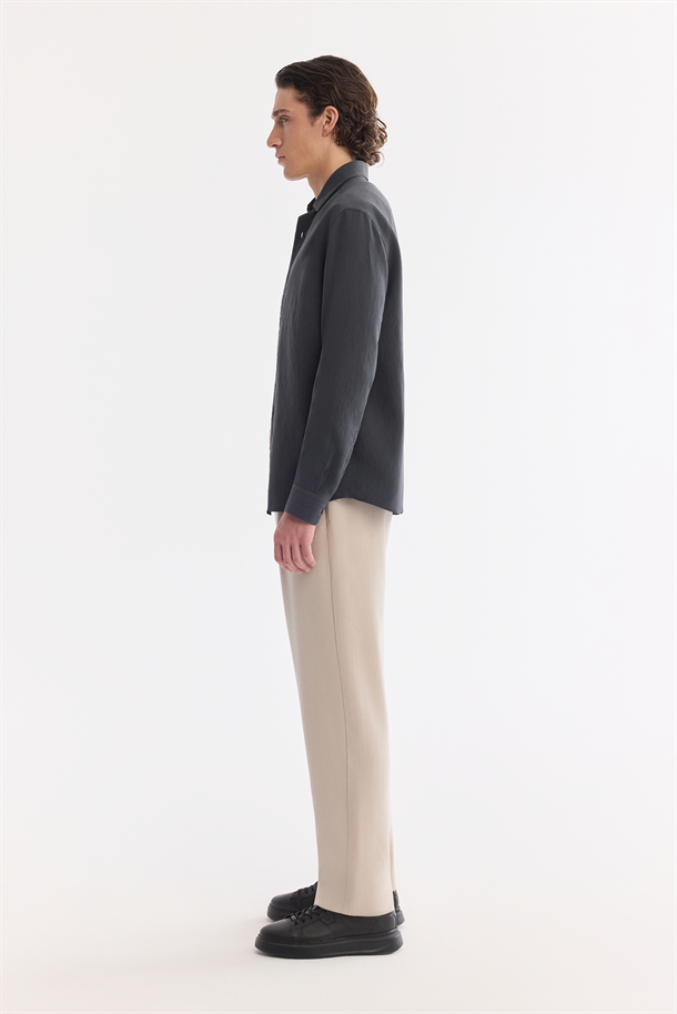 Antrasit Düğmeli Yaka Soft Touch Çizgili Gömlek