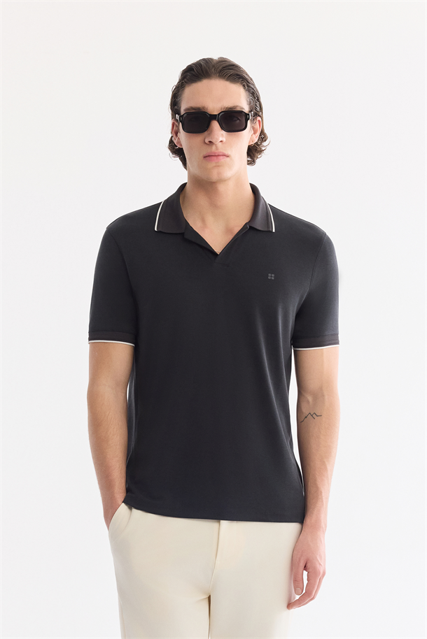 Antrasit Polo Yaka Düğmesiz Kolay Ütülenen T-Shirt