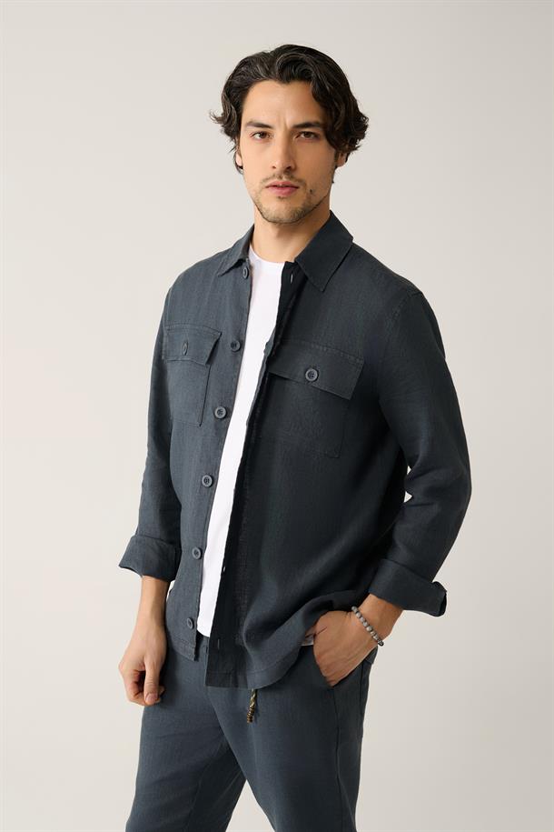 Antrasit Klasik Yaka %100 Keten Gömlek