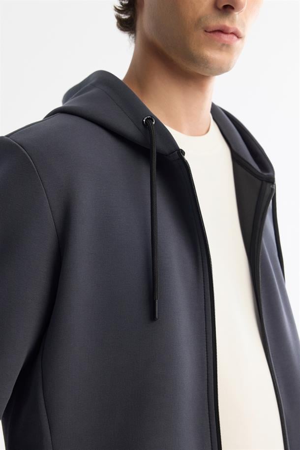 Antrasit Kapüşonlu İnterlok Kumaş Fermuarlı Basic Sweatshirt