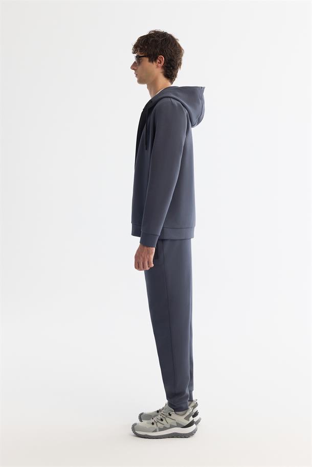 Antrasit Kapüşonlu İnterlok Kumaş Fermuarlı Basic Sweatshirt