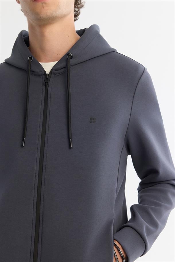 Antrasit Kapüşonlu İnterlok Kumaş Fermuarlı Basic Sweatshirt