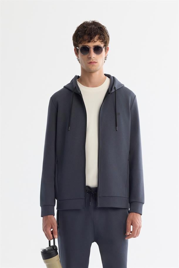 Antrasit Kapüşonlu İnterlok Kumaş Fermuarlı Basic Sweatshirt