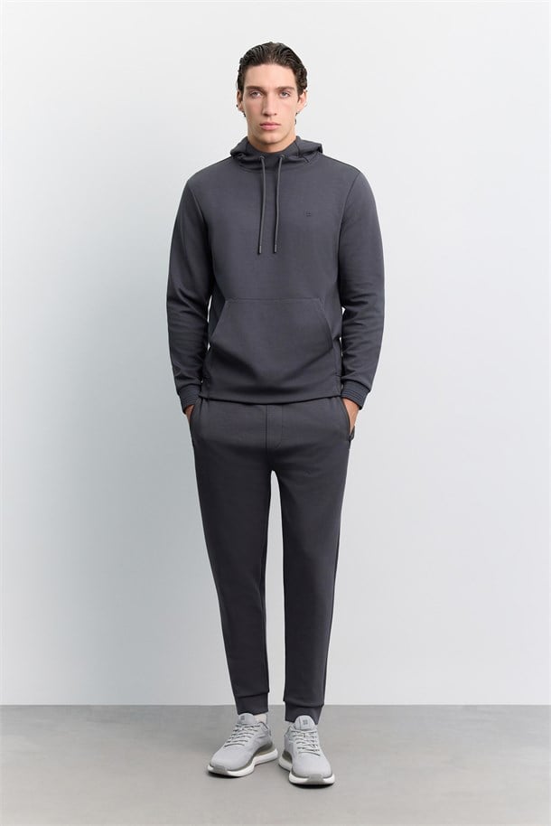 Antrasit Kapüşonlu Kolay Ütülenebilir İnterlok Sweatshirt