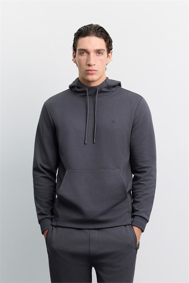 Antrasit Kapüşonlu Kolay Ütülenebilir İnterlok Sweatshirt