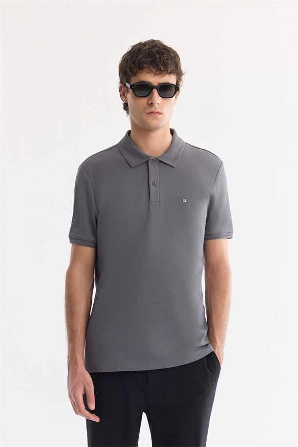 Antrasit Kıvrılmaz Polo Yaka %100 Pamuk Basic T-Shirt