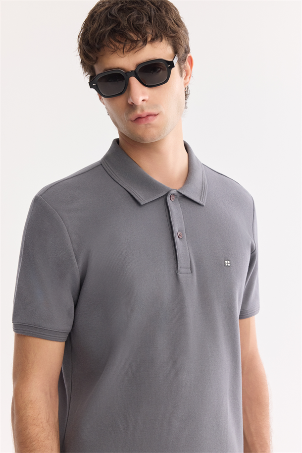 Antrasit Kıvrılmaz Polo Yaka %100 Pamuk Basic T-Shirt