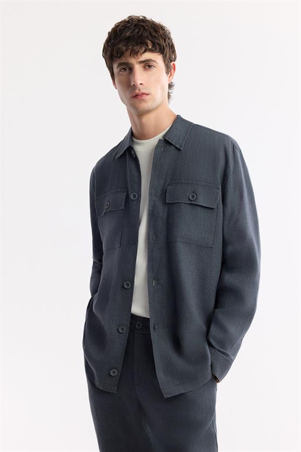 Antrasit Klasik Yaka %100 Keten Gömlek Ceket