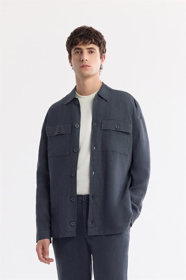 Antrasit Klasik Yaka %100 Keten Gömlek Ceket