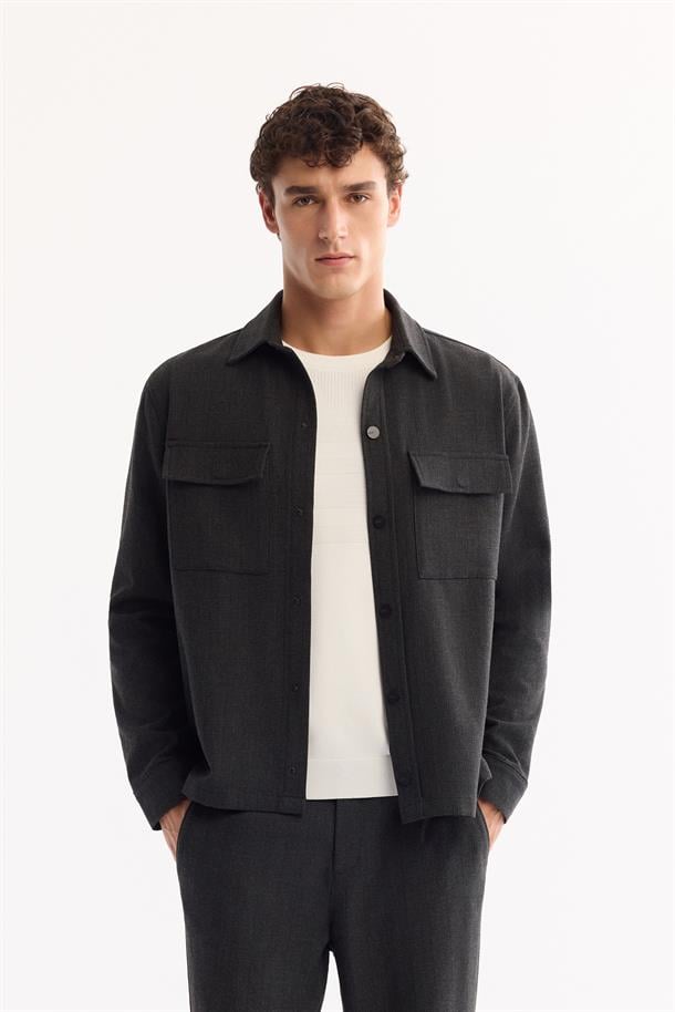 Antrasit Klasik Yaka Kolay Ütülenen Gömlek Ceket