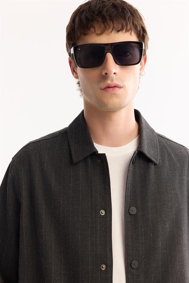 Antrasit Klasik Yaka Kolay Ütülenen Çizgili Gömlek Ceket