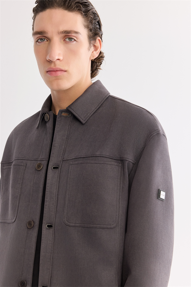 Antrasit Klasik Yaka Süet Dokulu Mevsimlik Mont