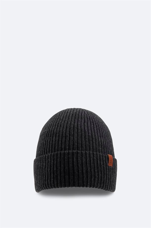 Anthracite Wool Blend Logo Ribbed Beanie