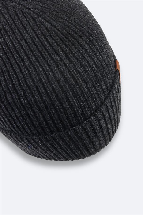 Anthracite Wool Blend Logo Ribbed Beanie