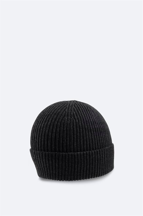 Anthracite Wool Blend Logo Ribbed Beanie