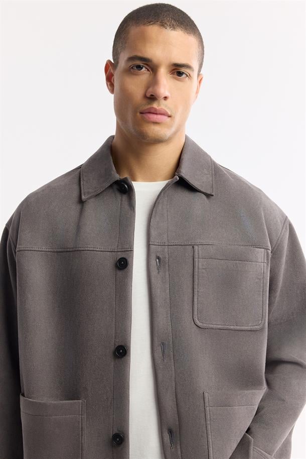 Antrasit Klasik Yaka Süet Dokulu Gömlek Ceket