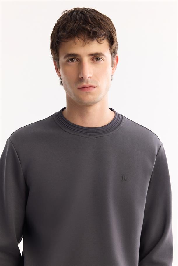 Antrasit Bisiklet Yaka Kolay Ütülenen Bi-Stretch Sweatshirt