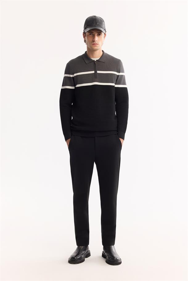 Antrasit Polo Yaka Fermuarlı Çizgili Triko Kazak