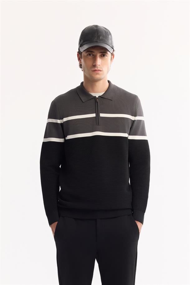 Antrasit Polo Yaka Fermuarlı Çizgili Triko Kazak