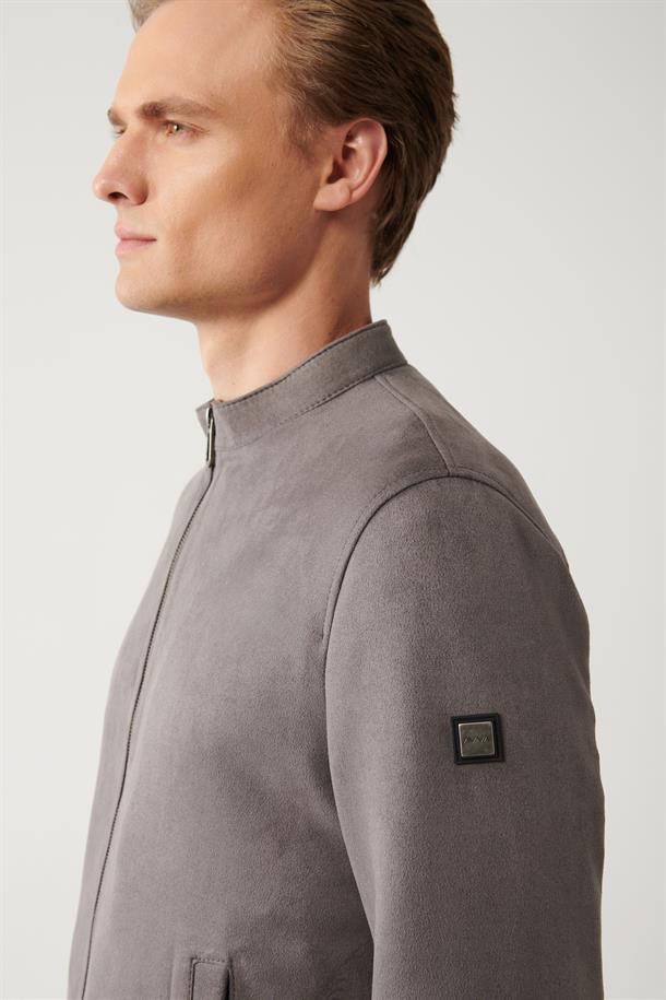 Antrasit Dik Yaka Süet Görünümlü İnce Mont