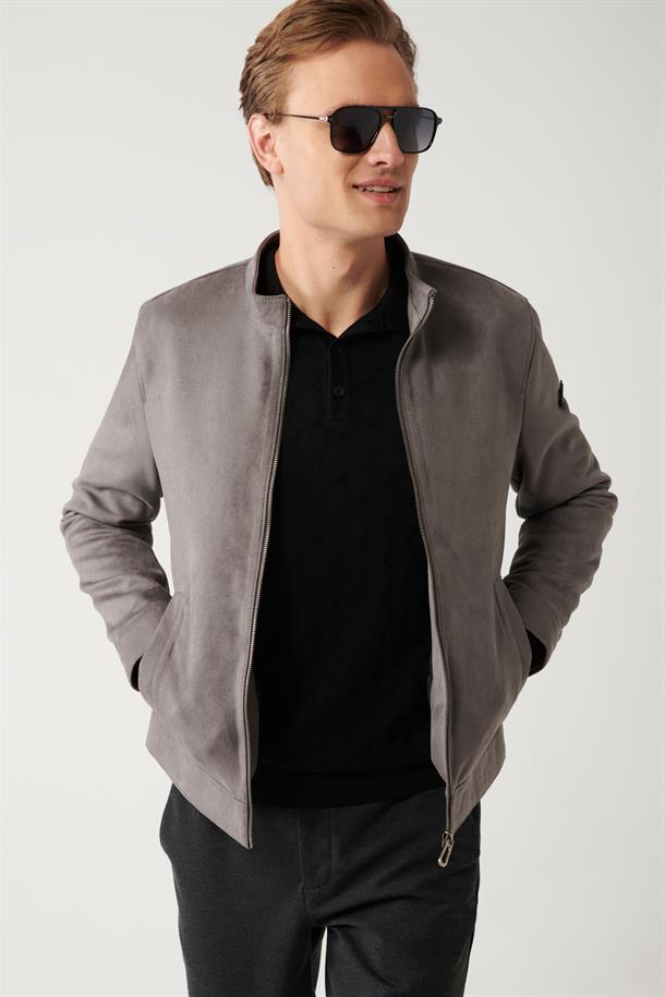 Antrasit Dik Yaka Süet Görünümlü İnce Mont